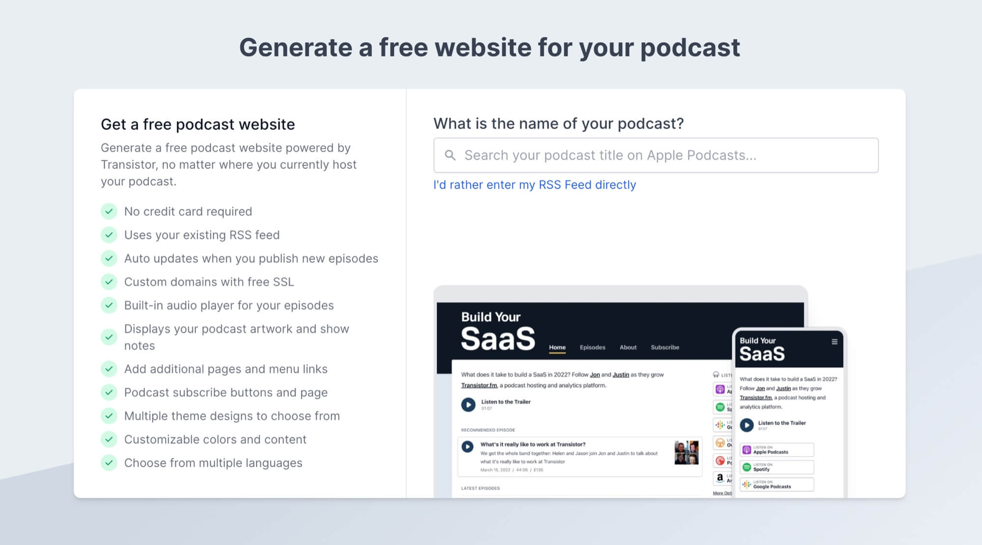 Use this tool to generate a free website from your podcast RSS feed
